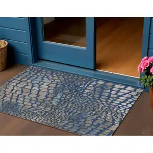 Photo of Navy Blue Gray And Brown Abstract Washable Indoor Outdoor Area Rug