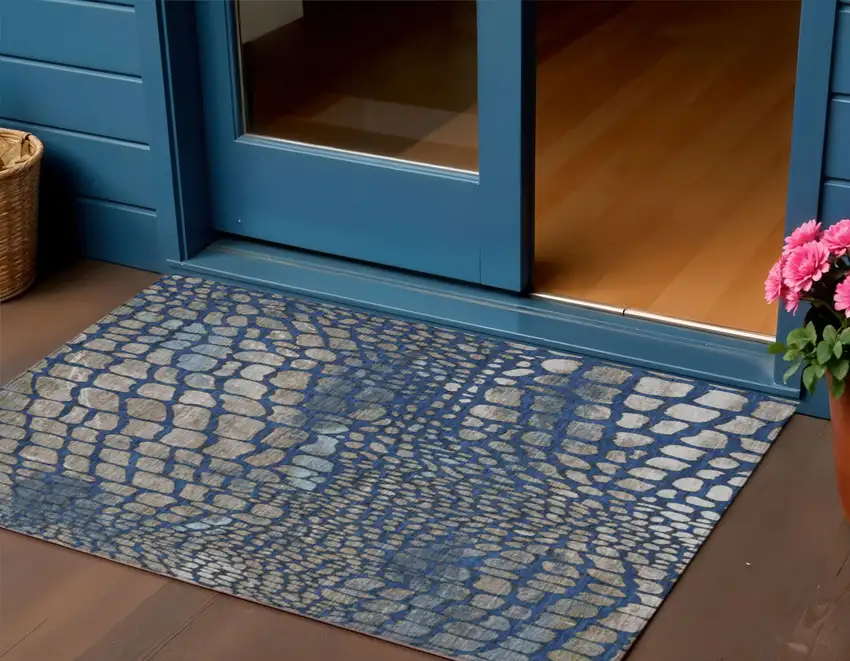 Navy Blue Gray And Brown Abstract Washable Indoor Outdoor Area Rug Photo 1