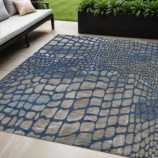 Navy Blue Gray And Brown Abstract Washable Indoor Outdoor Area Rug Photo 1
