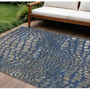 Photo of Navy Blue Gray And Brown Abstract Washable Indoor Outdoor Area Rug