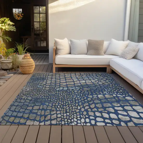 Navy Blue Gray And Brown Abstract Washable Indoor Outdoor Area Rug Photo 7
