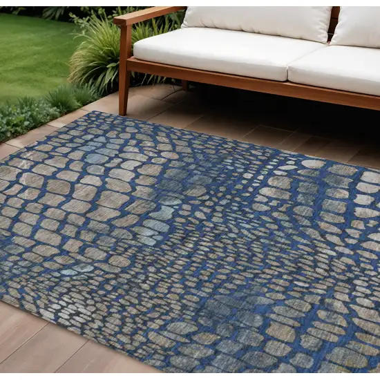 Navy Blue Gray And Brown Abstract Washable Indoor Outdoor Area Rug Photo 1