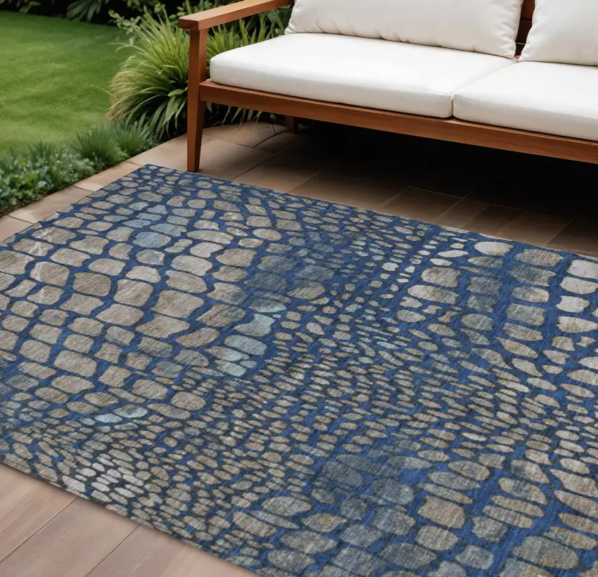 Navy Blue Gray And Brown Abstract Washable Indoor Outdoor Area Rug Photo 1