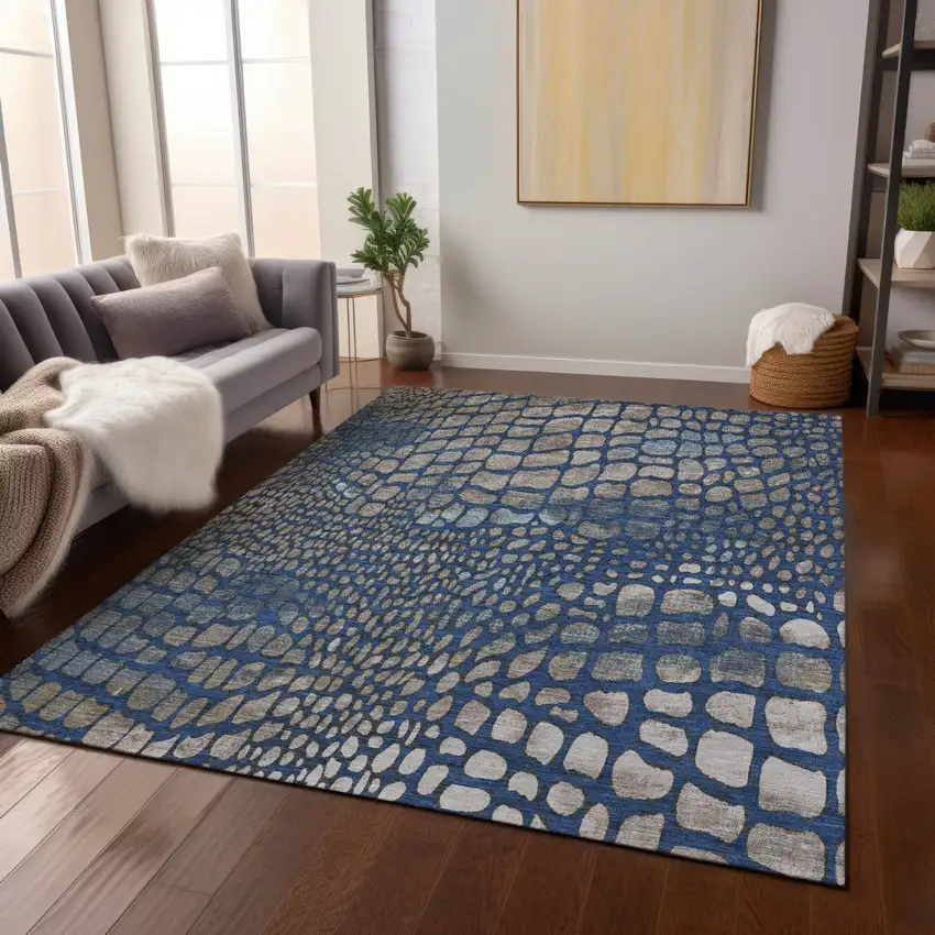 Navy Blue Gray And Brown Abstract Washable Indoor Outdoor Area Rug Photo 7