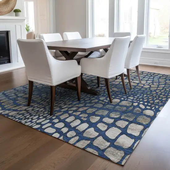 Navy Blue Gray And Brown Abstract Washable Indoor Outdoor Area Rug Photo 9