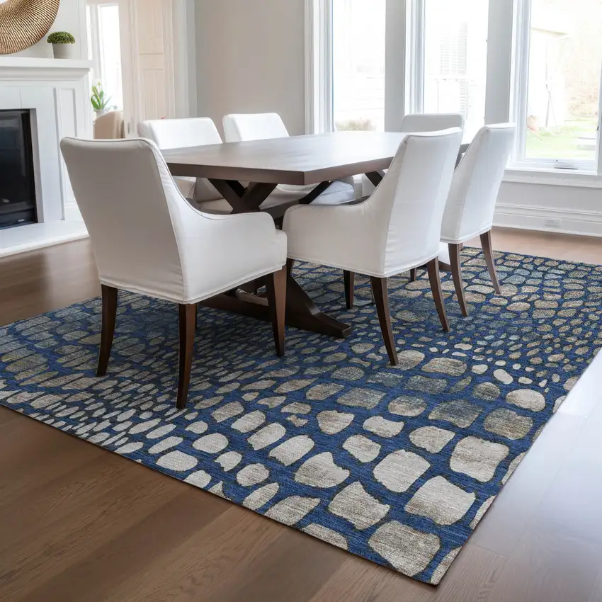 Navy Blue Gray And Brown Abstract Washable Indoor Outdoor Area Rug Photo 9