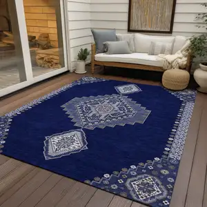 Photo of Navy Blue Gray And Brown Oriental Washable Indoor Outdoor Area Rug