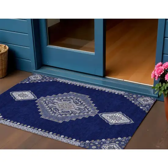 Navy Blue Gray And Brown Oriental Washable Indoor Outdoor Area Rug Photo 1