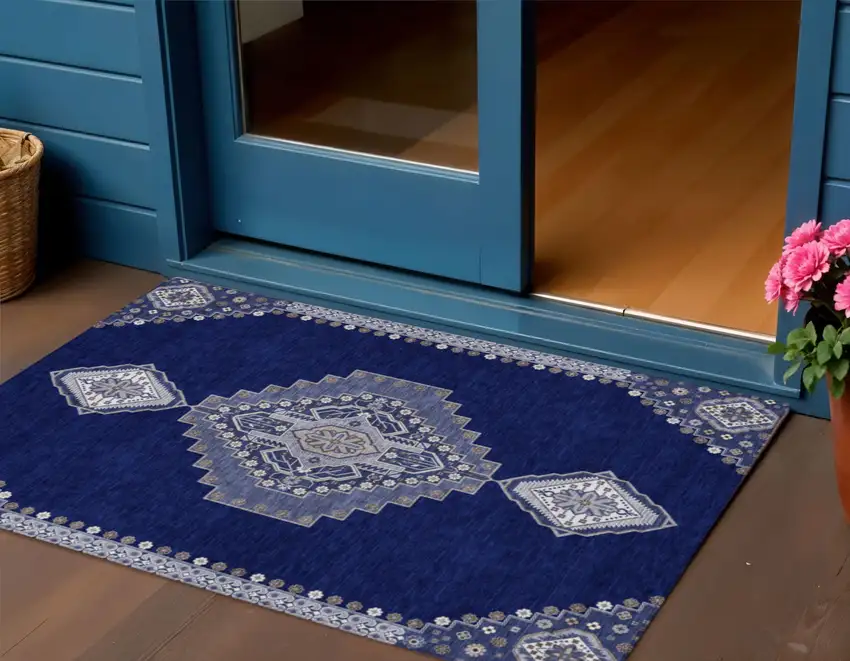 Navy Blue Gray And Brown Oriental Washable Indoor Outdoor Area Rug Photo 1