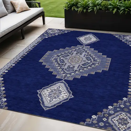 Navy Blue Gray And Brown Oriental Washable Indoor Outdoor Area Rug Photo 1