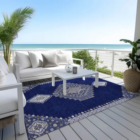 Navy Blue Gray And Brown Oriental Washable Indoor Outdoor Area Rug Photo 9
