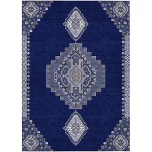 Photo of Navy Blue Gray And Brown Oriental Washable Indoor Outdoor Area Rug