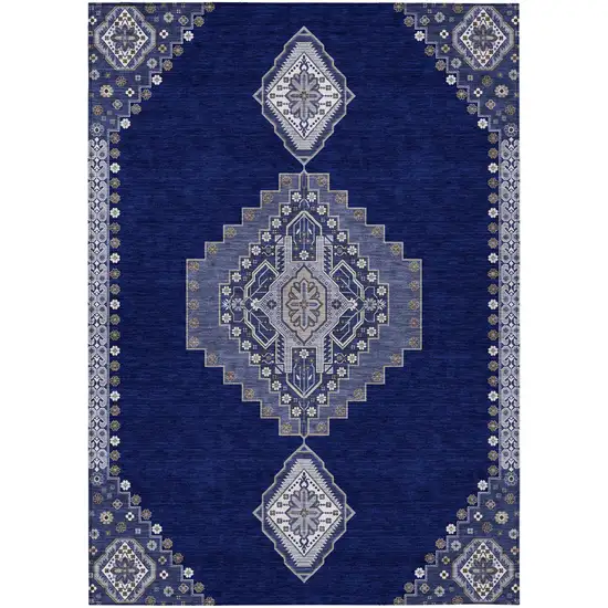 Navy Blue Gray And Brown Oriental Washable Indoor Outdoor Area Rug Photo 2
