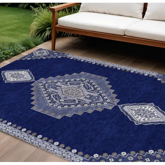 Navy Blue Gray And Brown Oriental Washable Indoor Outdoor Area Rug Photo 1