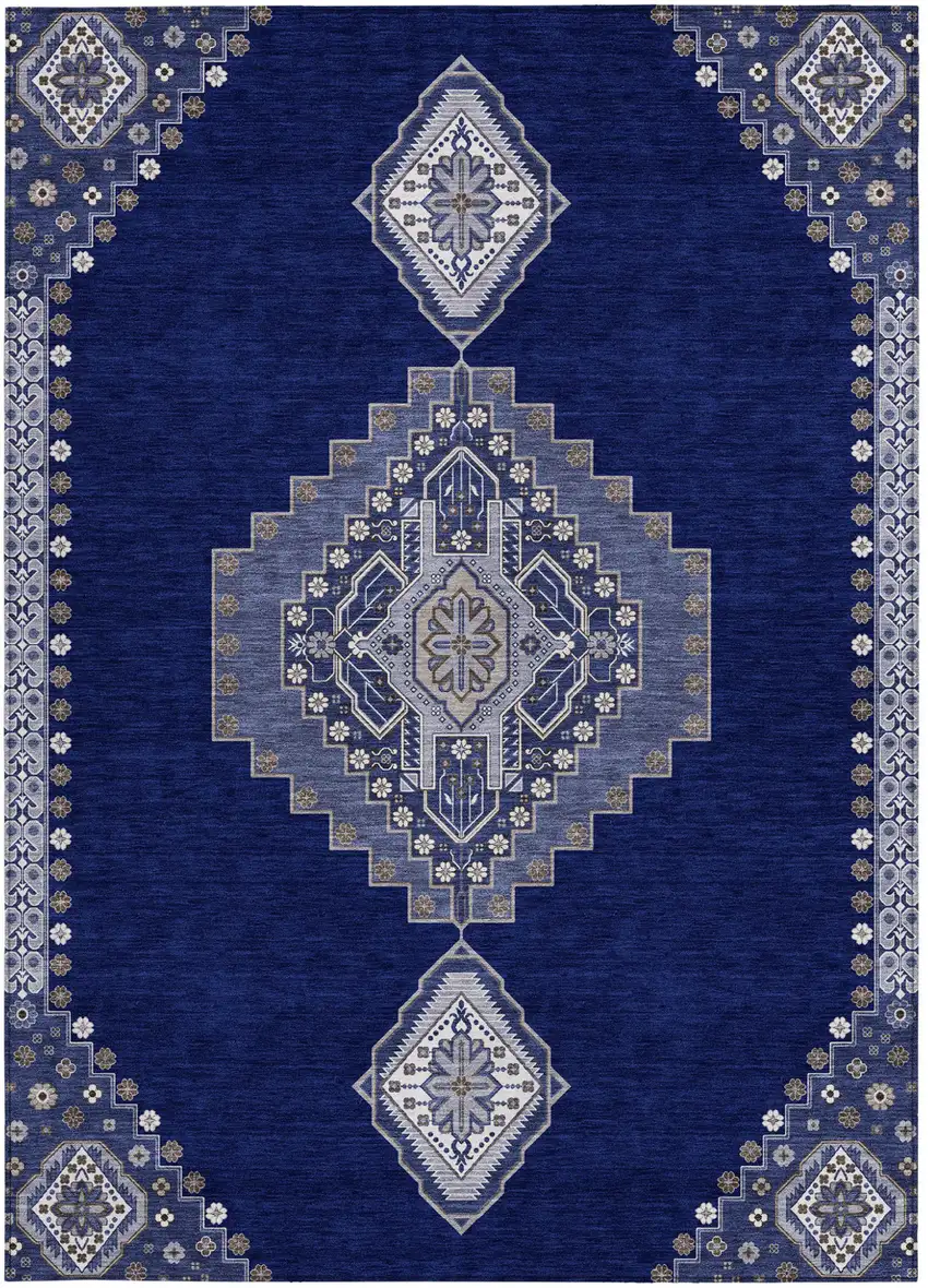 Navy Blue Gray And Brown Oriental Washable Indoor Outdoor Area Rug Photo 7