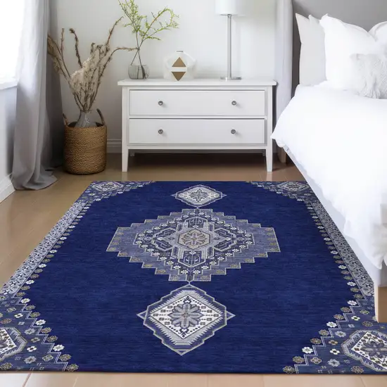 Navy Blue Gray And Brown Oriental Washable Indoor Outdoor Area Rug Photo 9