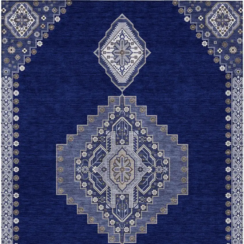 Navy Blue Gray And Brown Oriental Washable Indoor Outdoor Area Rug Photo 6