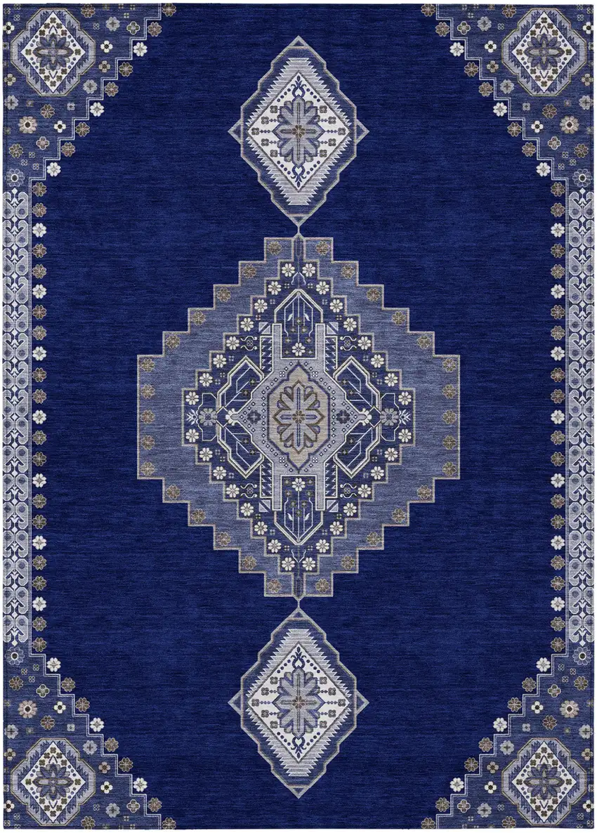 Navy Blue Gray And Brown Oriental Washable Indoor Outdoor Area Rug Photo 2