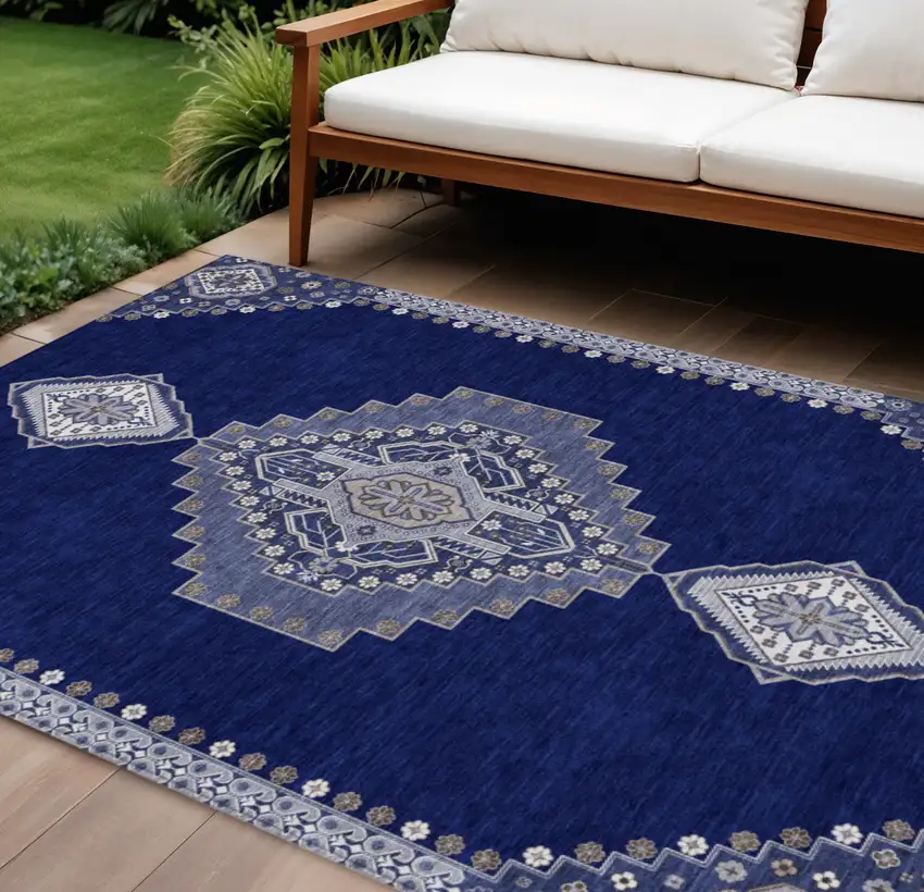 Navy Blue Gray And Brown Oriental Washable Indoor Outdoor Area Rug Photo 1