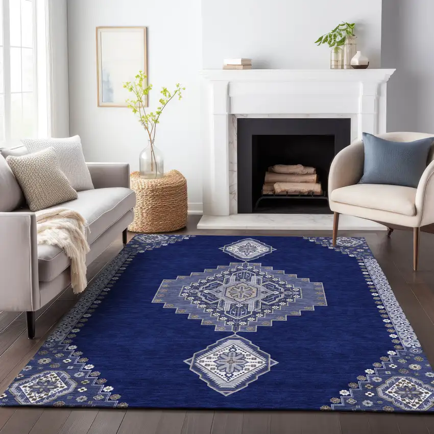 Navy Blue Gray And Brown Oriental Washable Indoor Outdoor Area Rug Photo 9