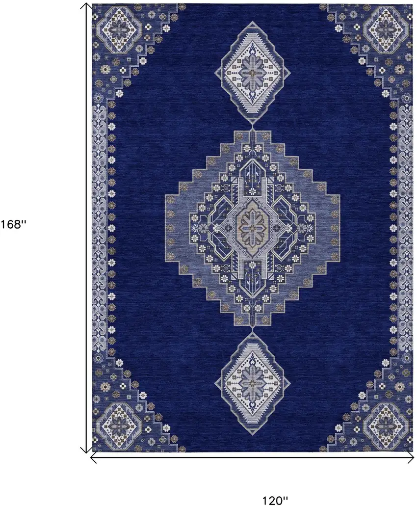 Navy Blue Gray And Brown Oriental Washable Indoor Outdoor Area Rug Photo 3