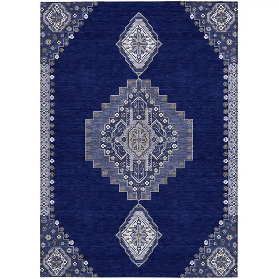 Navy Blue Gray And Brown Oriental Washable Indoor Outdoor Area Rug Photo 7