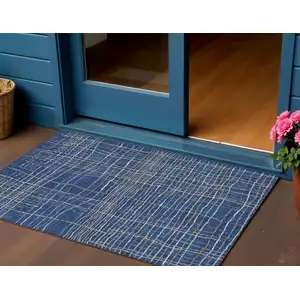 Photo of Navy Blue Gray And Brown Striped Washable Indoor Outdoor Area Rug