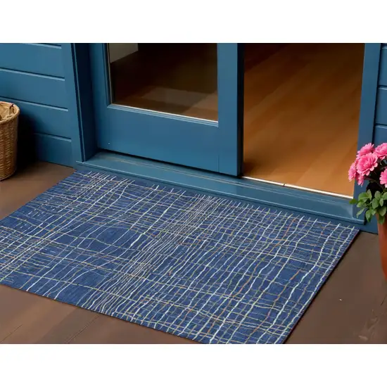 Navy Blue Gray And Brown Striped Washable Indoor Outdoor Area Rug Photo 1