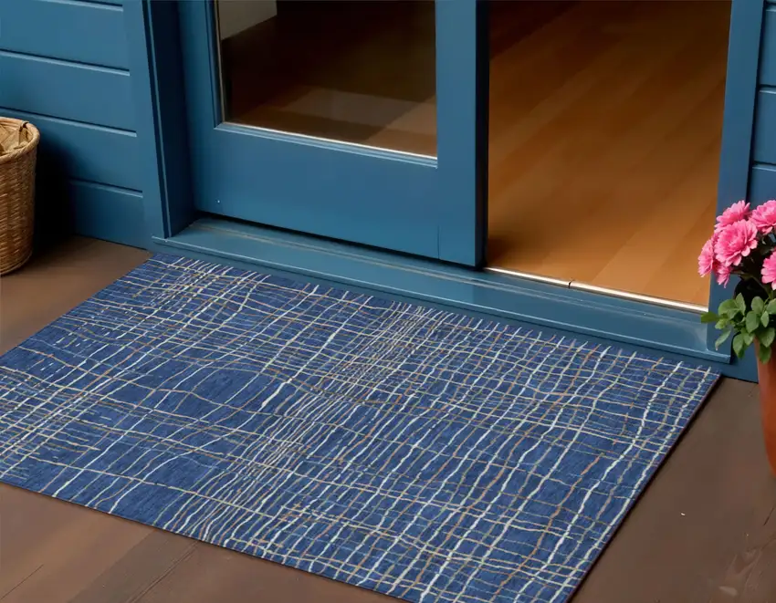 Navy Blue Gray And Brown Striped Washable Indoor Outdoor Area Rug Photo 1