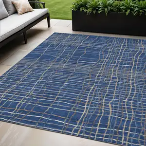 Photo of Navy Blue Gray And Brown Striped Washable Indoor Outdoor Area Rug