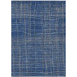 Photo of Navy Blue Gray And Brown Striped Washable Indoor Outdoor Area Rug