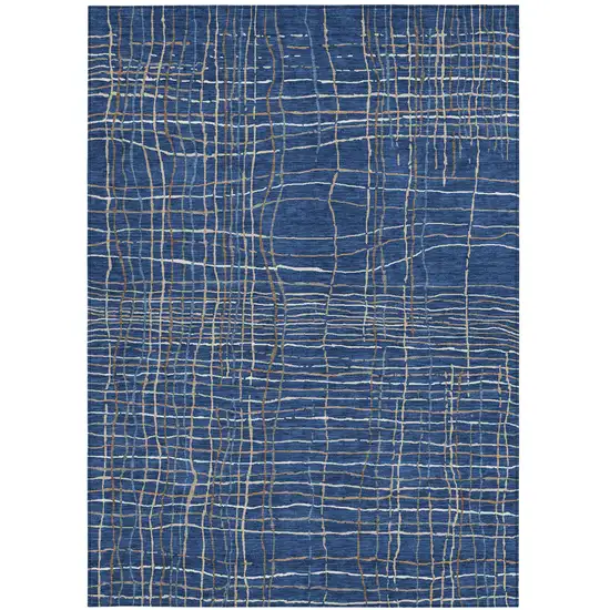 Navy Blue Gray And Brown Striped Washable Indoor Outdoor Area Rug Photo 7