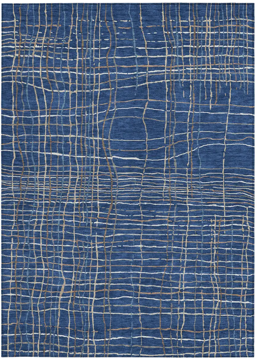 Navy Blue Gray And Brown Striped Washable Indoor Outdoor Area Rug Photo 7