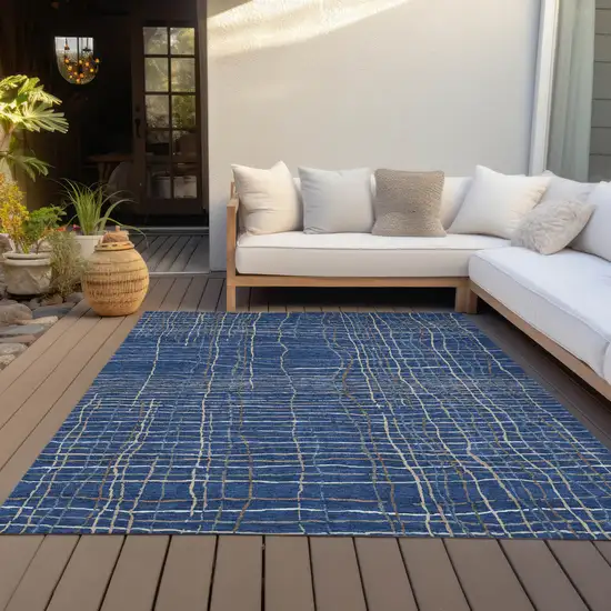 Navy Blue Gray And Brown Striped Washable Indoor Outdoor Area Rug Photo 8