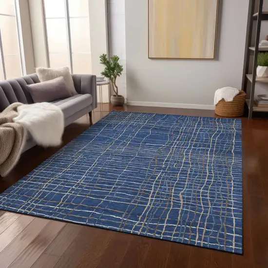 Navy Blue Gray And Brown Striped Washable Indoor Outdoor Area Rug Photo 9