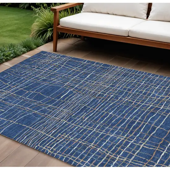 Navy Blue Gray And Brown Striped Washable Indoor Outdoor Area Rug Photo 1