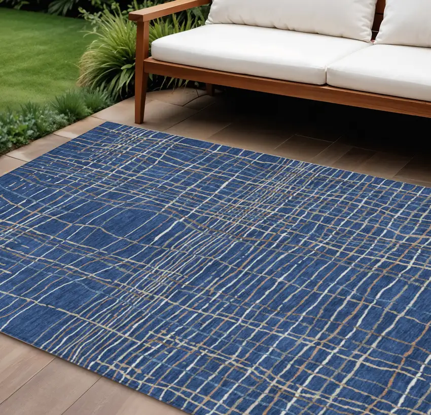 Navy Blue Gray And Brown Striped Washable Indoor Outdoor Area Rug Photo 1