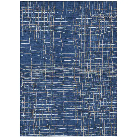 Navy Blue Gray And Brown Striped Washable Indoor Outdoor Area Rug Photo 2