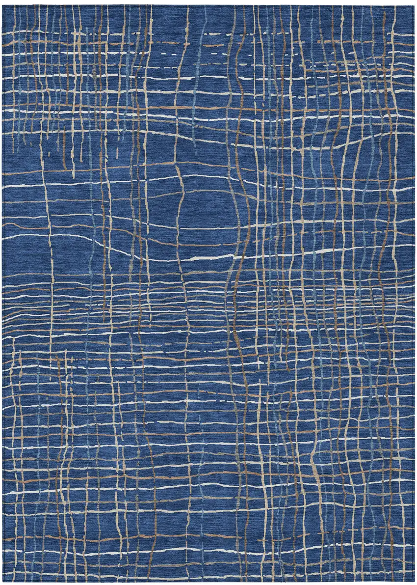 Navy Blue Gray And Brown Striped Washable Indoor Outdoor Area Rug Photo 2