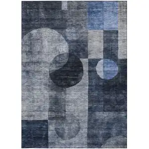 Photo of Navy Blue Gray And Charcoal Geometric Washable Indoor Outdoor Area Rug