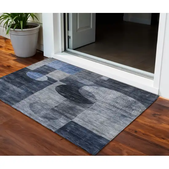 Navy Blue Gray And Charcoal Geometric Washable Indoor Outdoor Area Rug Photo 1