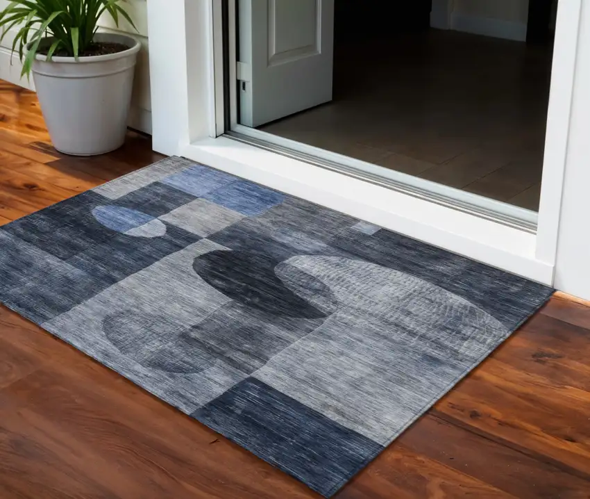 Navy Blue Gray And Charcoal Geometric Washable Indoor Outdoor Area Rug Photo 1