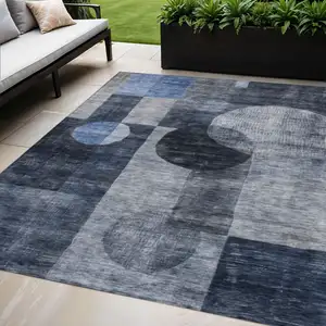 Photo of Navy Blue Gray And Charcoal Geometric Washable Indoor Outdoor Area Rug