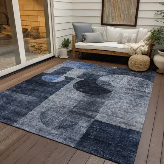 Navy Blue Gray And Charcoal Geometric Washable Indoor Outdoor Area Rug Photo 7