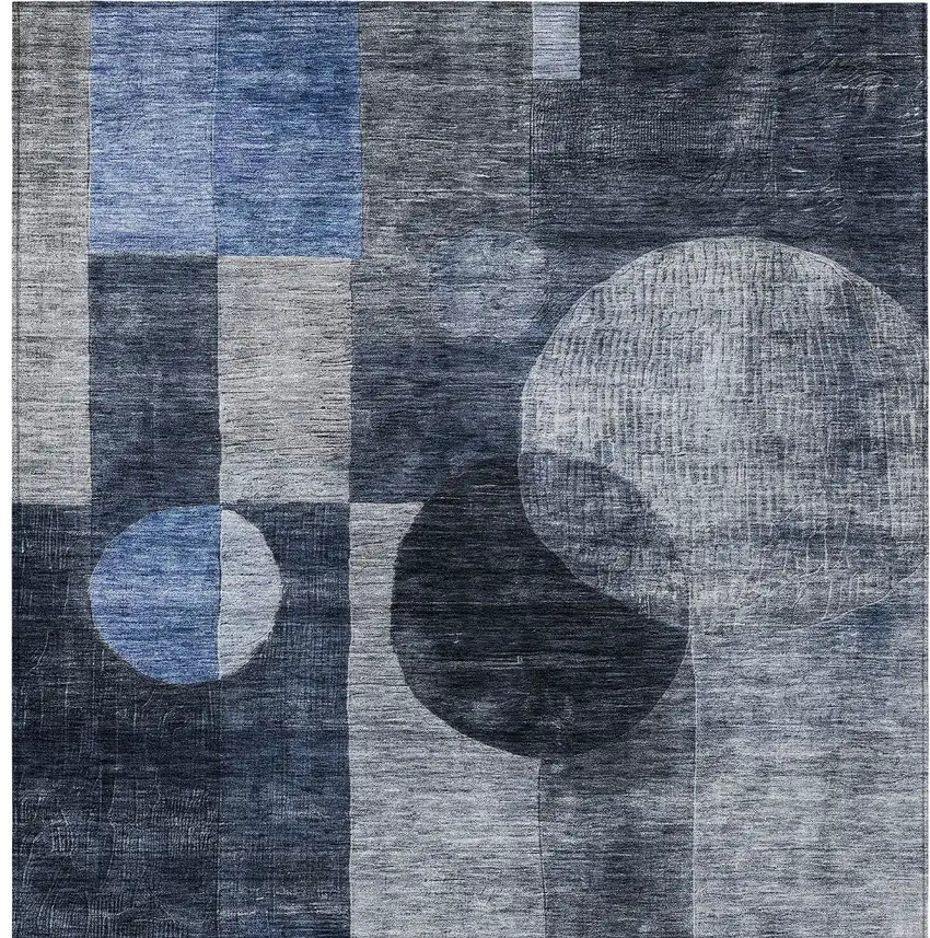 Navy Blue Gray And Charcoal Geometric Washable Indoor Outdoor Area Rug Photo 5