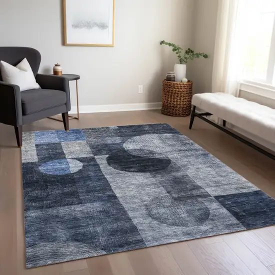Navy Blue Gray And Charcoal Geometric Washable Indoor Outdoor Area Rug Photo 9