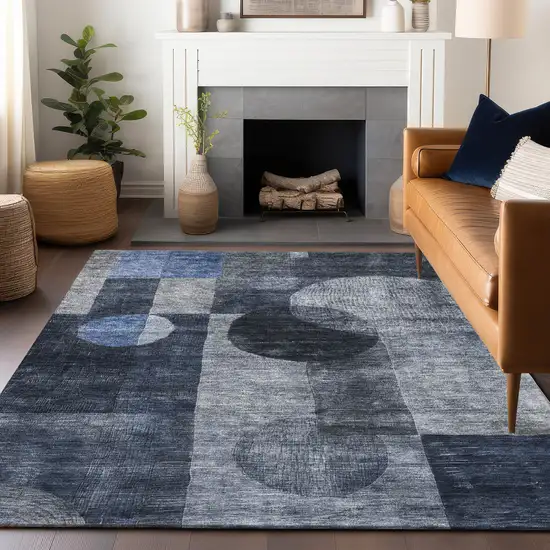 Navy Blue Gray And Charcoal Geometric Washable Indoor Outdoor Area Rug Photo 8