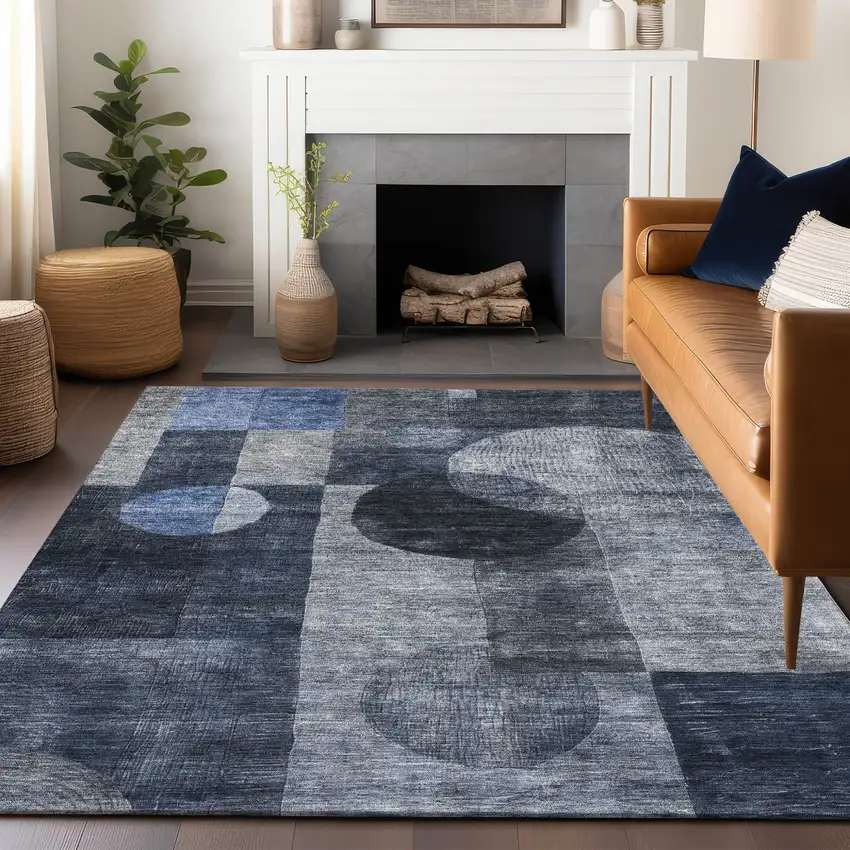 Navy Blue Gray And Charcoal Geometric Washable Indoor Outdoor Area Rug Photo 8