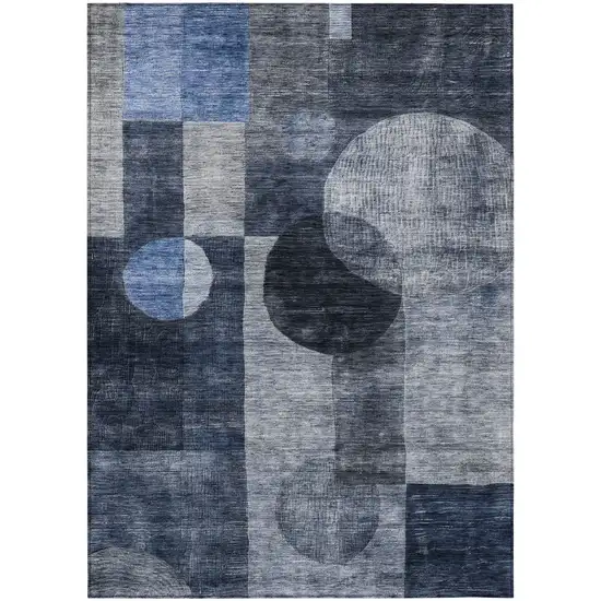 Navy Blue Gray And Charcoal Geometric Washable Indoor Outdoor Area Rug Photo 2