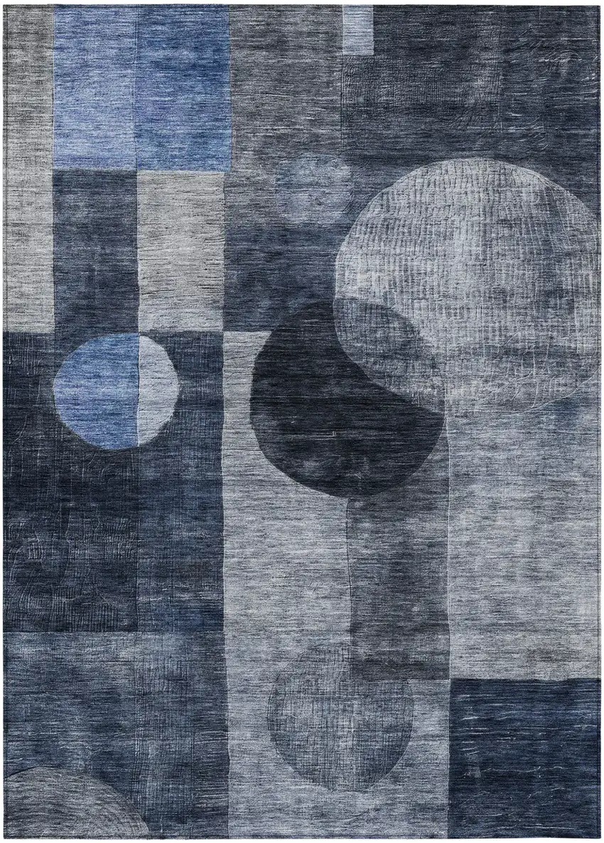 Navy Blue Gray And Charcoal Geometric Washable Indoor Outdoor Area Rug Photo 2